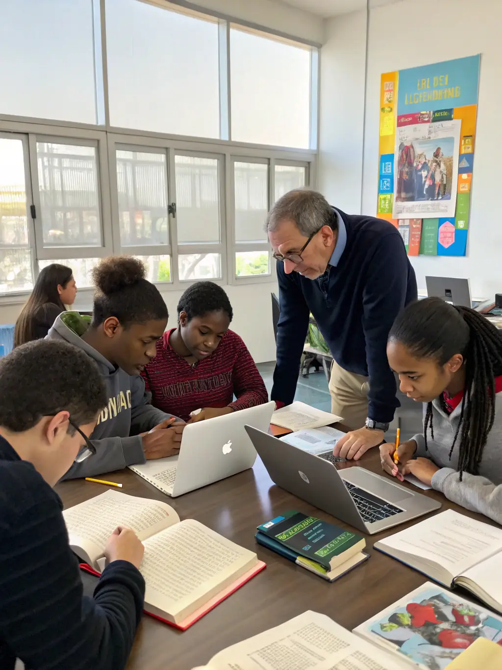 A diverse group of M.Ed. students working collaboratively on a research project in the college library, highlighting the advanced research opportunities.