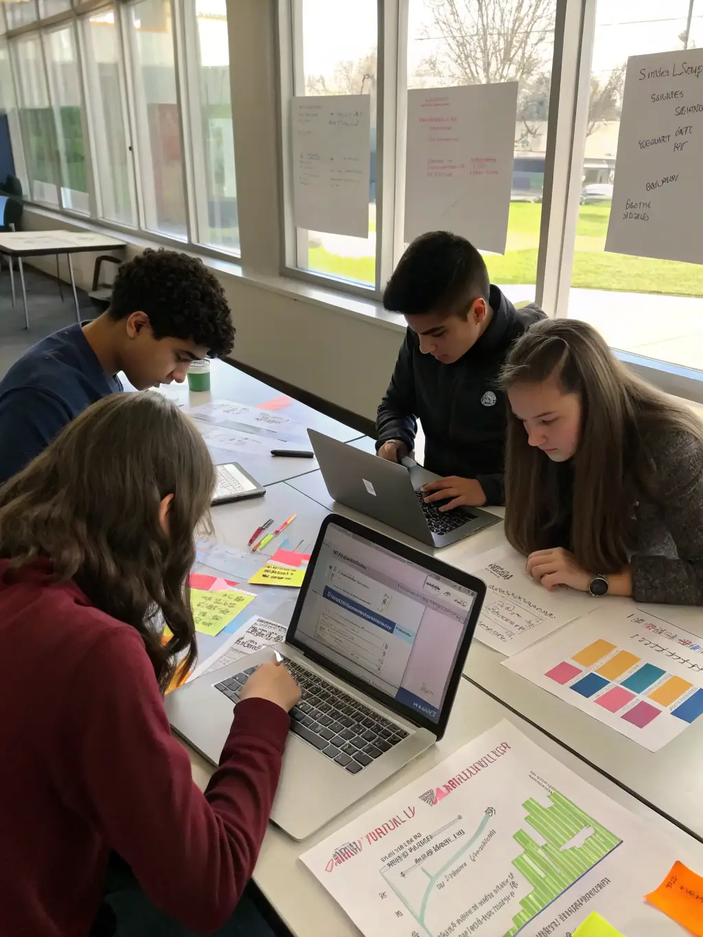 M.Ed. students engaged in a research project, analyzing data and discussing findings with their professor.